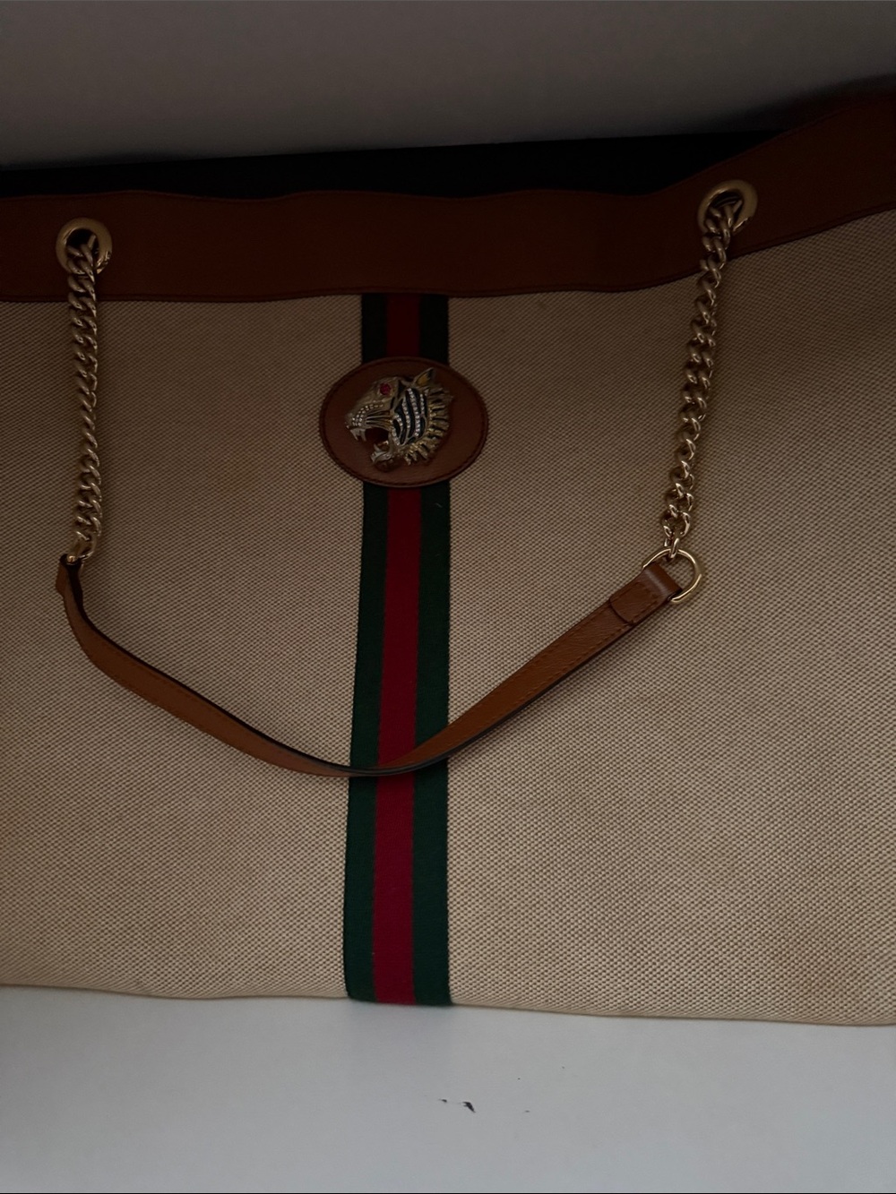 Gucci Beige Canvas Tote with Tan Trim and Green-Red Stripe